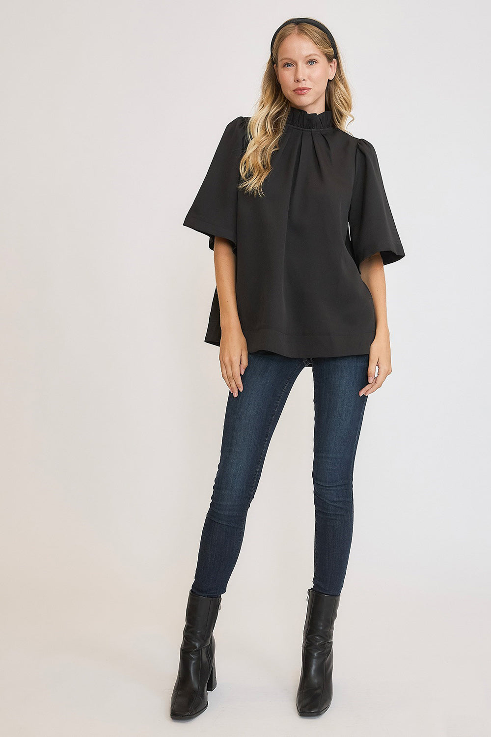Umgee Bow Tie Back Mock Neck Half Sleeve Blouse 