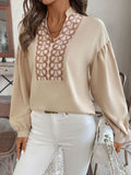 Perfee Printed Notched Long Sleeve Blouse 