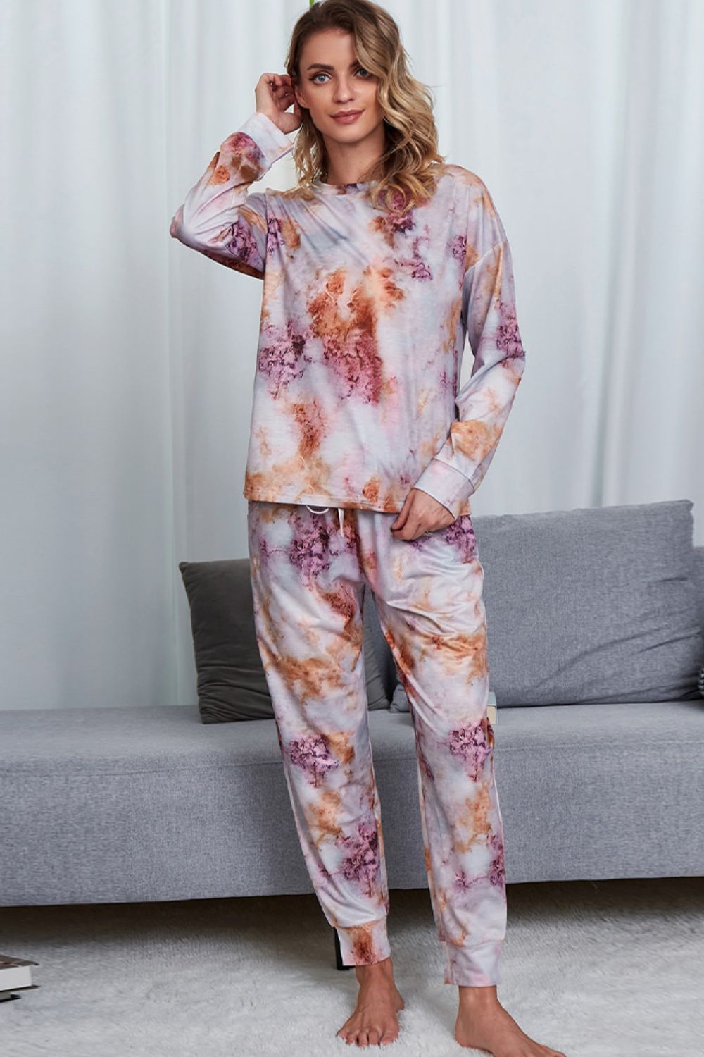 Shiny Tie-Dye Crewneck Top and Drawstring Waist Joggers Lounge Set Lingerie & Nightwear