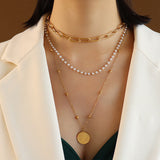 Synthetic Pearl Titanium Steel Three-Layered Necklace 