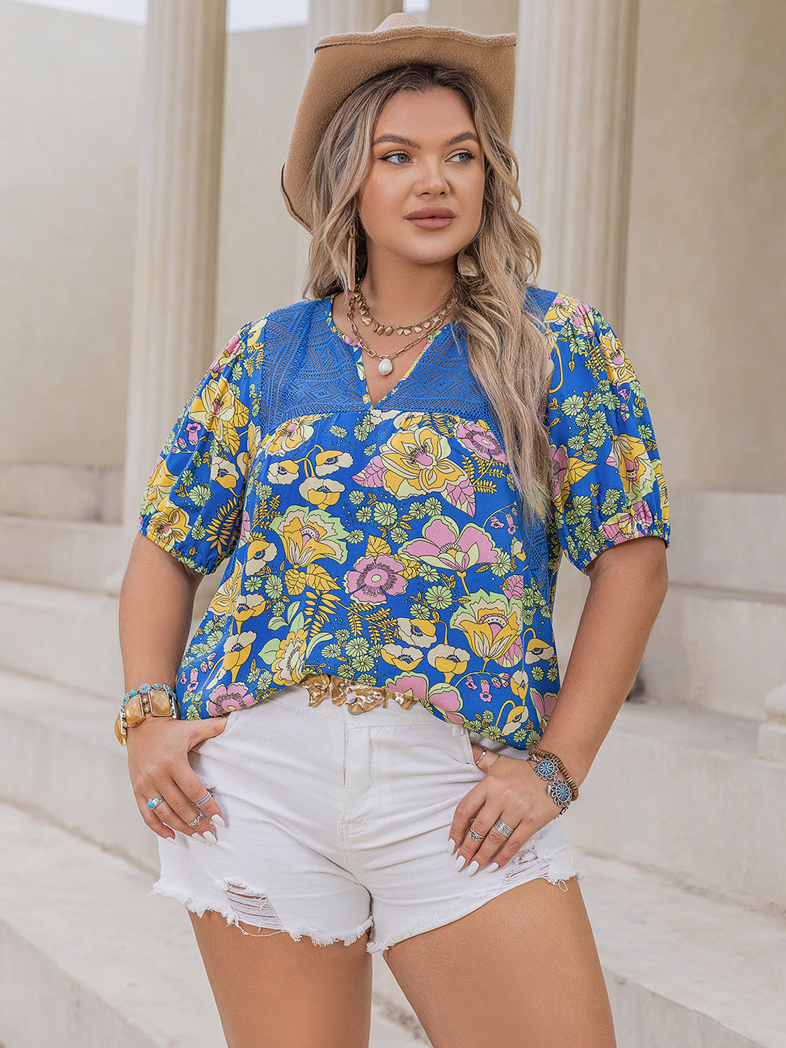 Plus Size Printed Notched Short Sleeve Blouse 