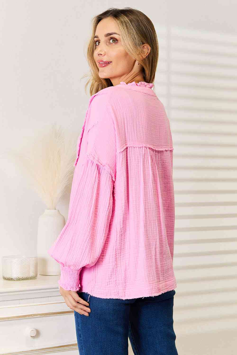 Double Take Exposed Seam Buttoned Notched Neck Blouse 