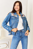 Baeful Leopard Floral Distressed Raw Hem Denim Jacket 
