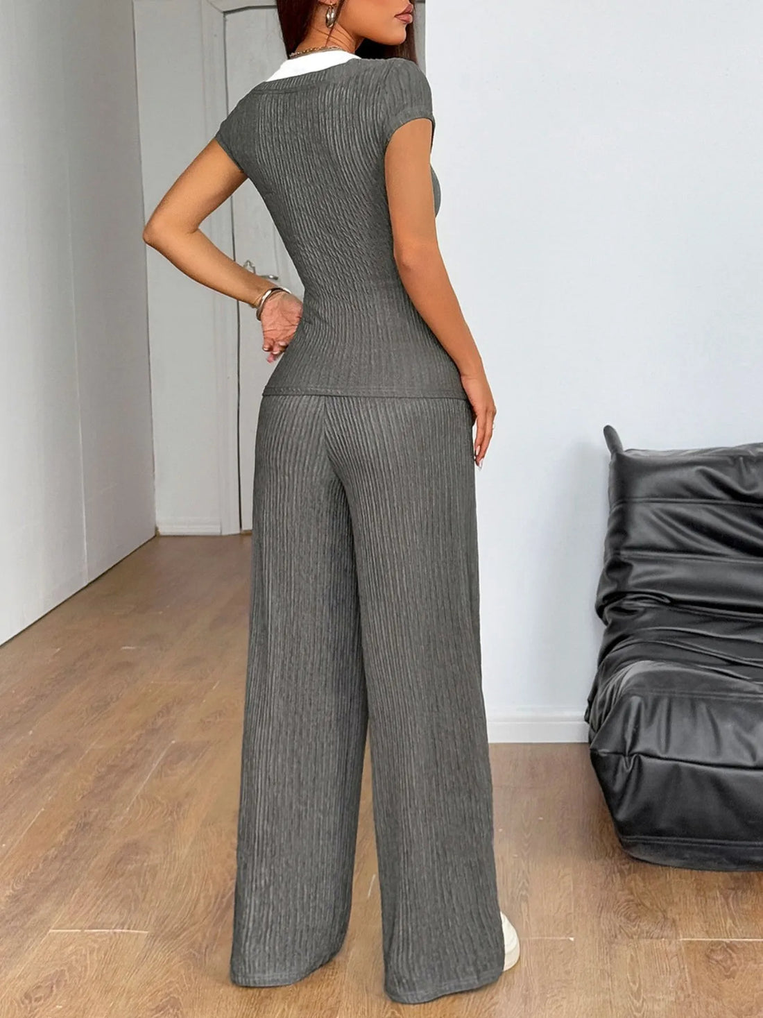 Textured Short Sleeve Top and Pants Set Two Piece Dresses