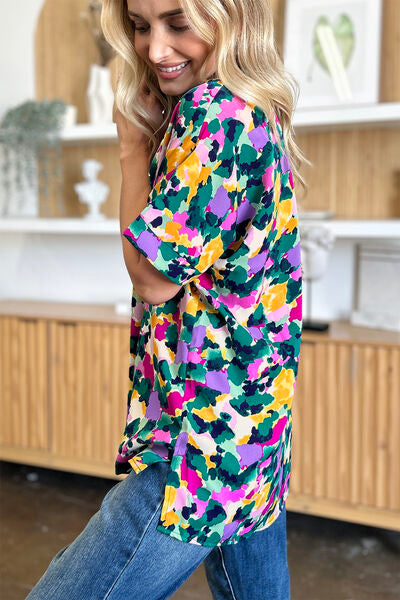 Double Take Full Size Printed V-Neck Short Sleeve Side Slit Top 