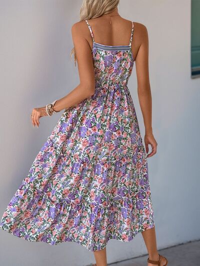 Perfee Decor Button Printed Sleeveless Tiered Midi Dress Dresses