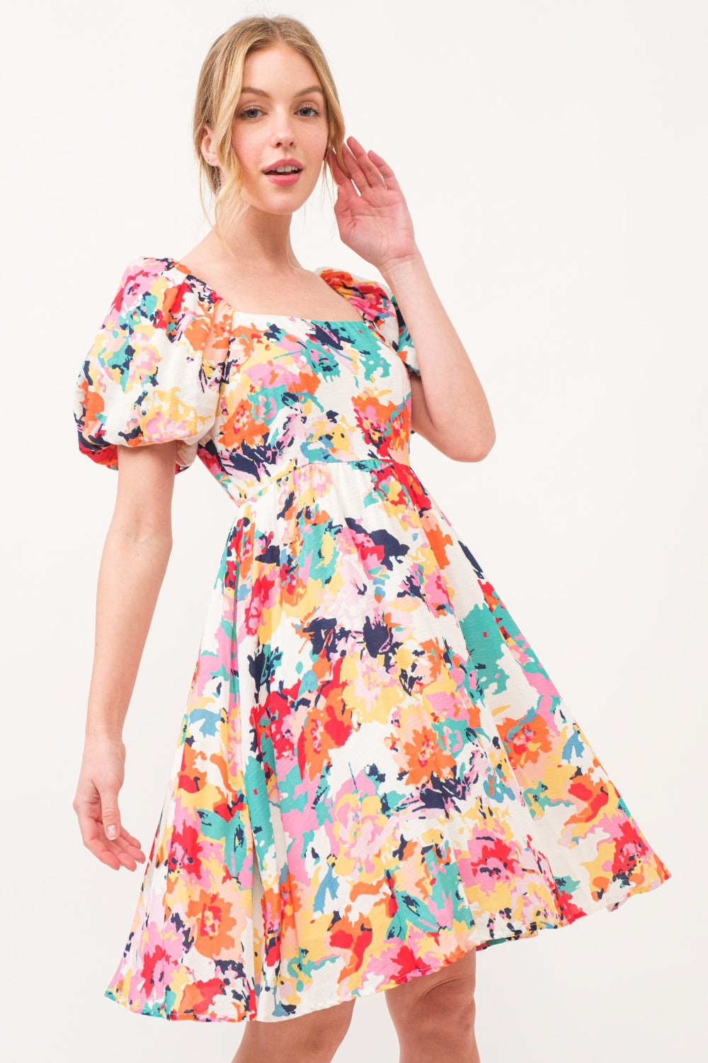 And The Why Square Neck Puff Sleeve Floral Dress 