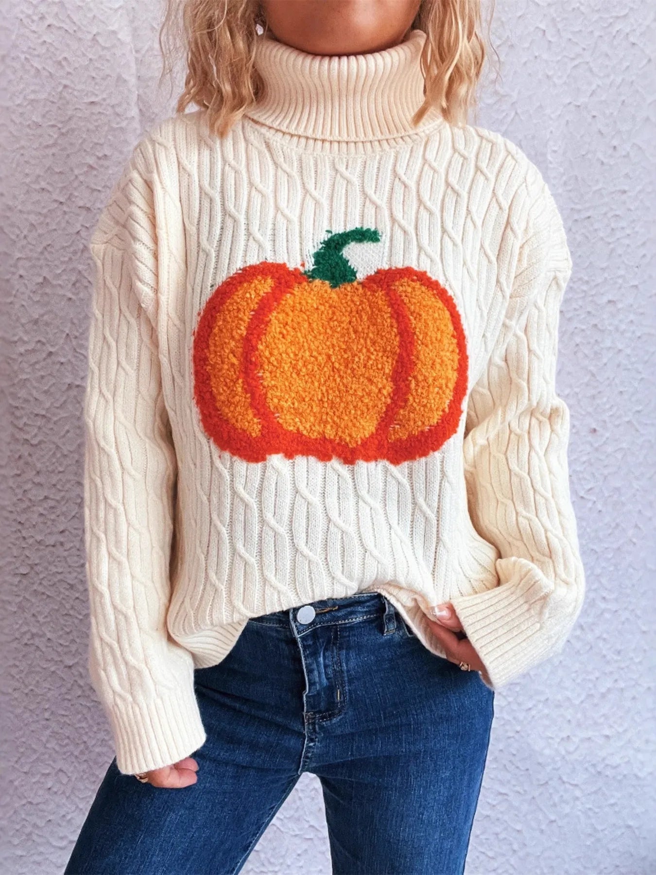 Pumpkin Turtleneck Long Sleeve Sweater 