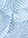 Stripe Shirred Detail Half Placket Collared Long Sleeve Shirt 