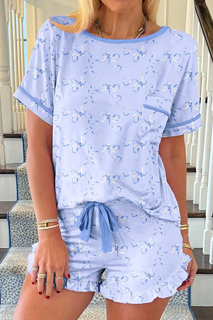 Bow Print Short Sleeve Top and Shorts Pajama Set Lingerie & Nightwear