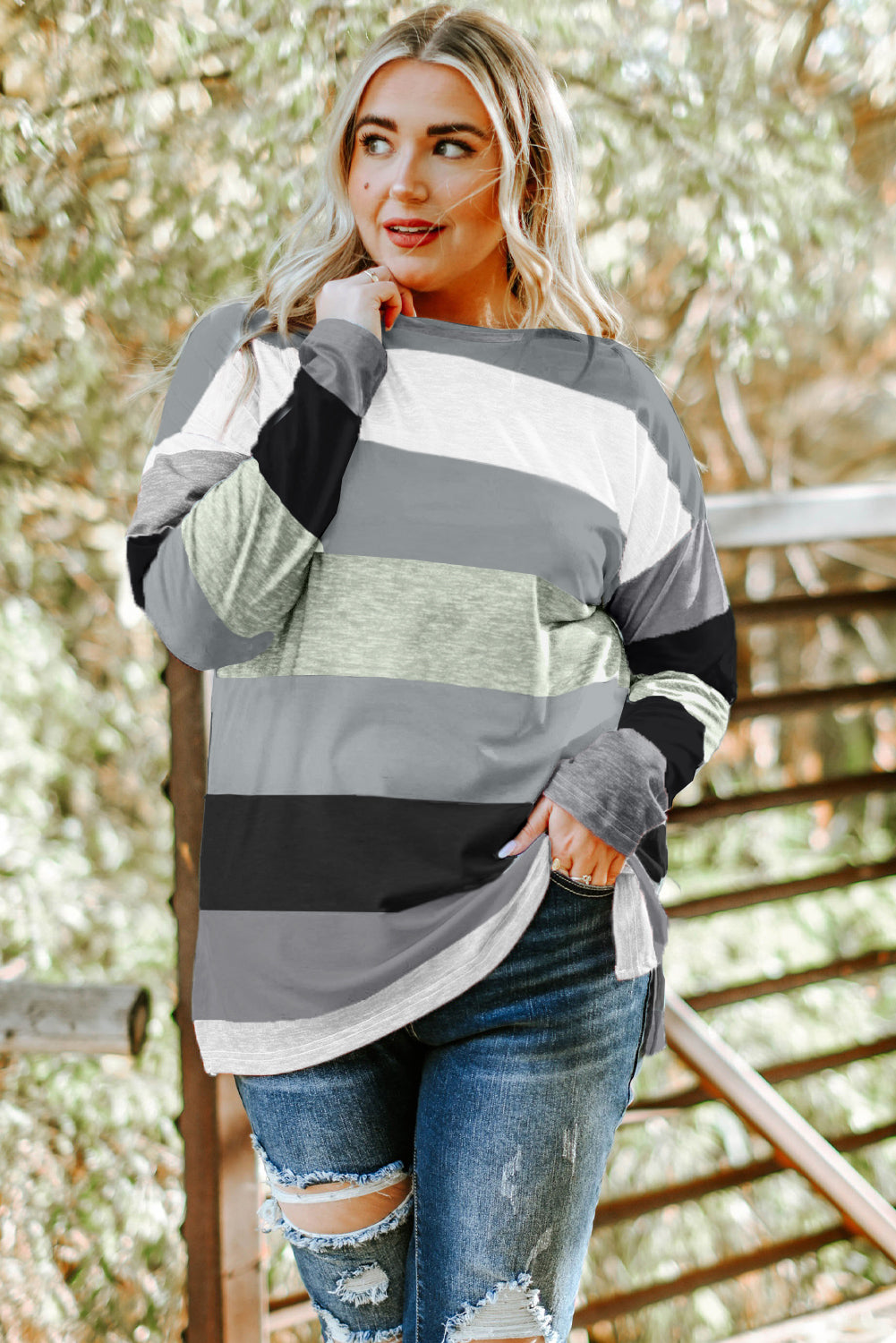 Plus Size Striped Slit Long Sleeve T-Shirt 