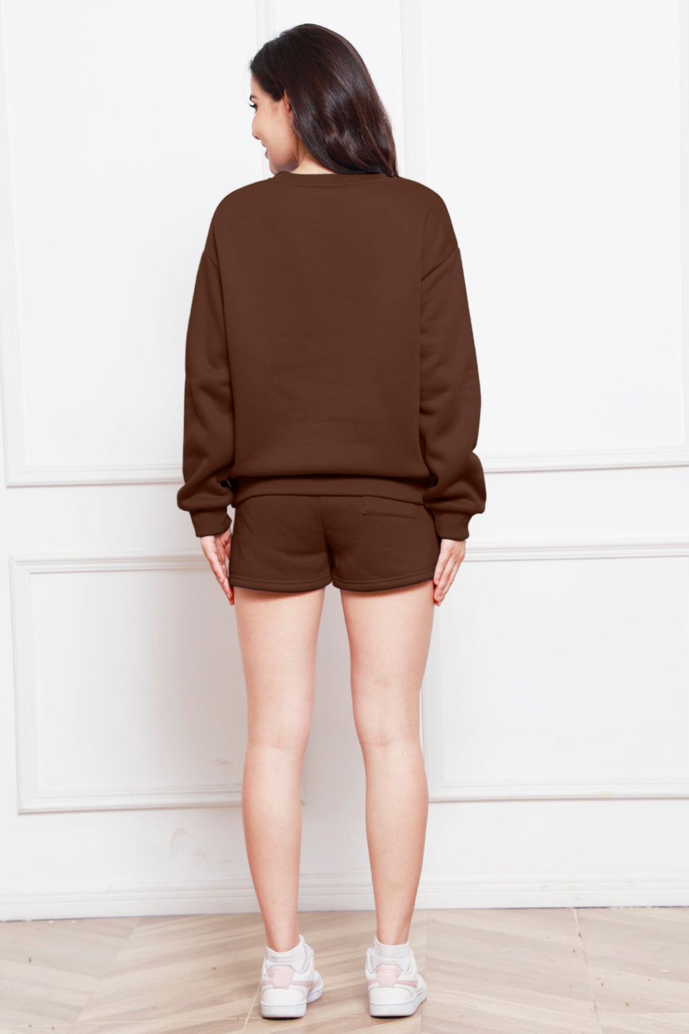 Round Neck Long Sleeve Sweatshirt and Drawstring Shorts Set 