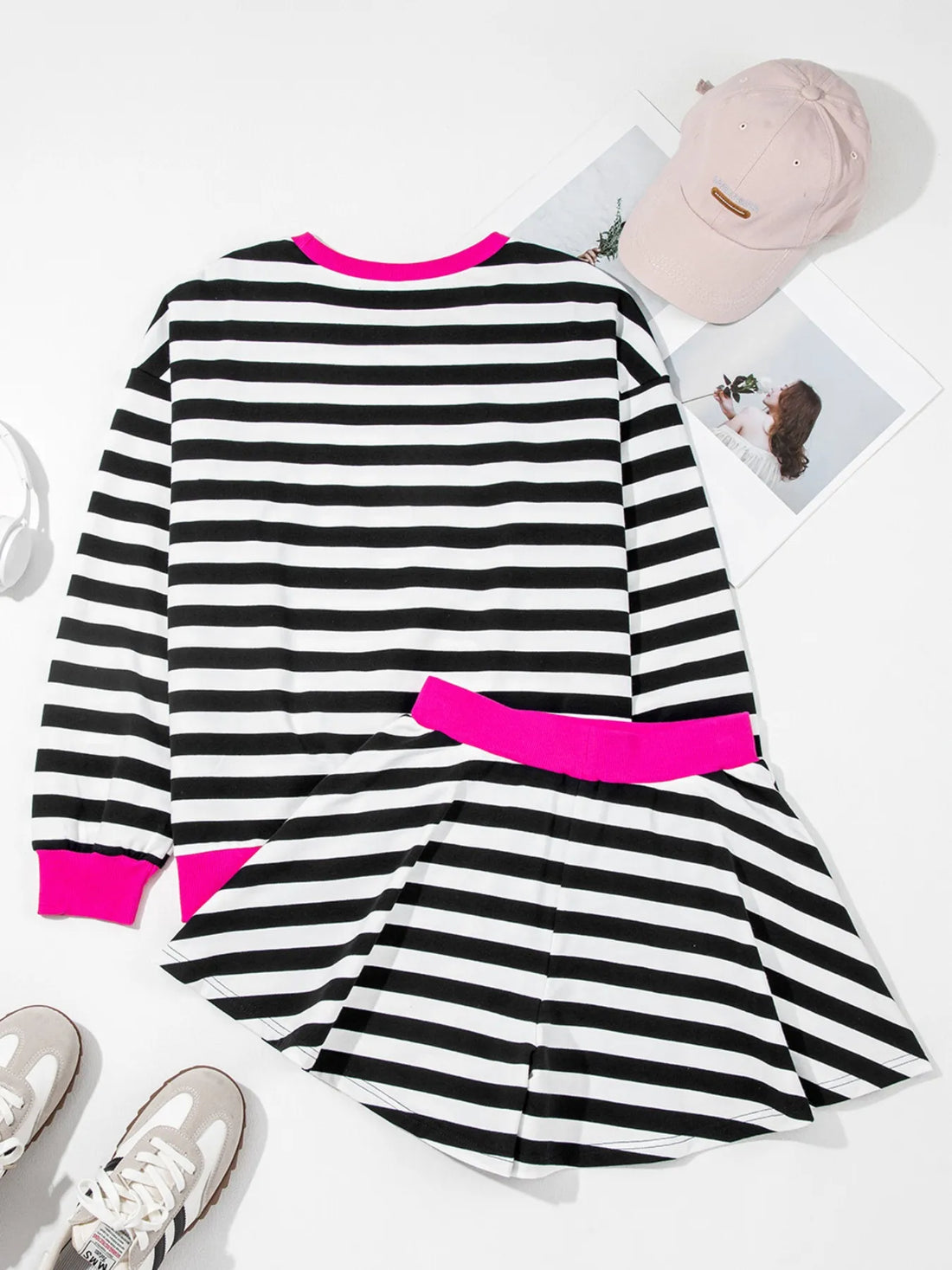 Stripe Contrast Ribbed Banding Long Sleeve Blouse and Loose Shorts Set Two Piece Dresses