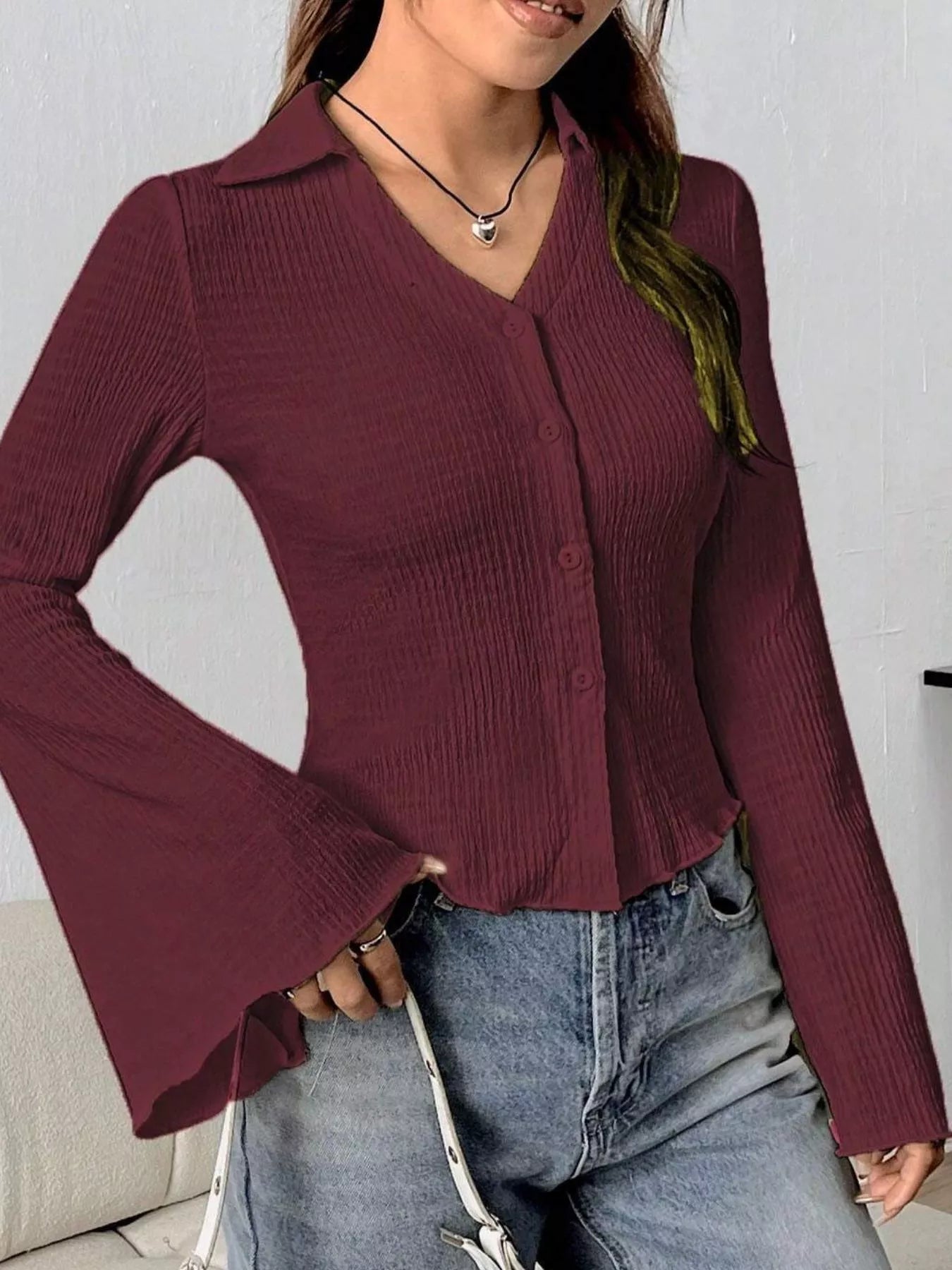 Button Up Flare Sleeve Shirt 