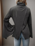 Shiny Flare Sleeve Mock Neck Slit T-Shirt 