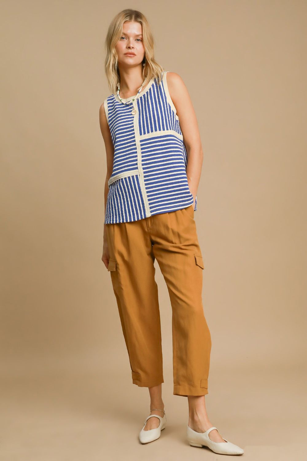 Umgee Round Neck Texture Striped Tank 