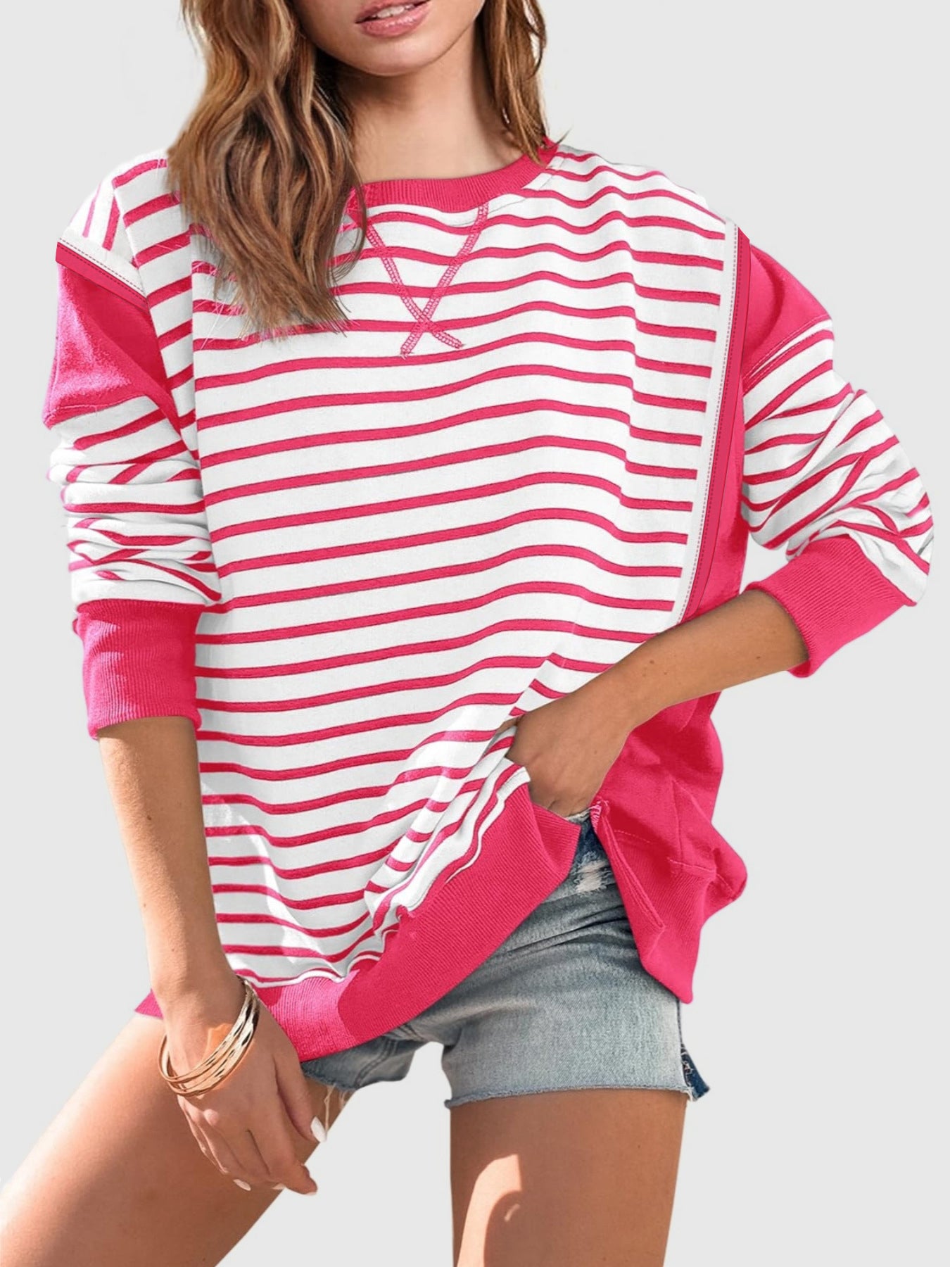 Slit Exposed Seam Striped Long Sleeve Sweatshirt 
