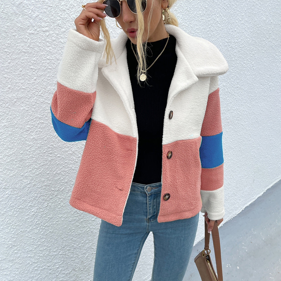 Shiny Color Block Button Down Collared Jacket 
