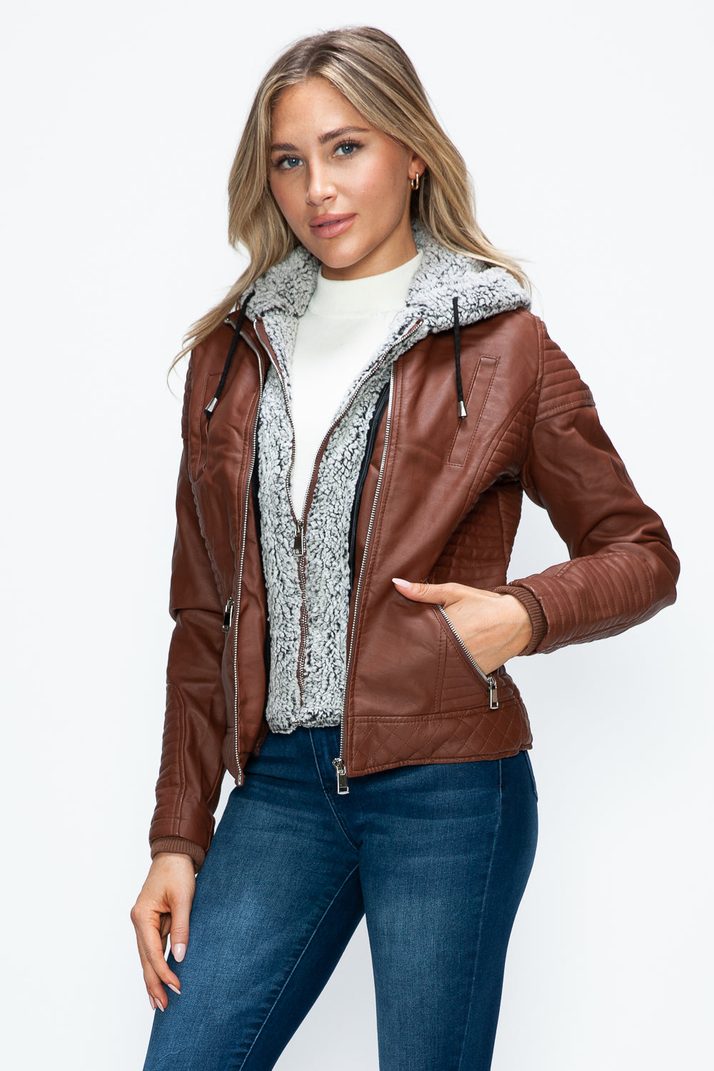 YMI Faux Layered Double-Zipper Jacket with Fuzzy Hood 