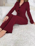 Ribbed Bow Front Top and Pants Lounge Set Lingerie & Nightwear