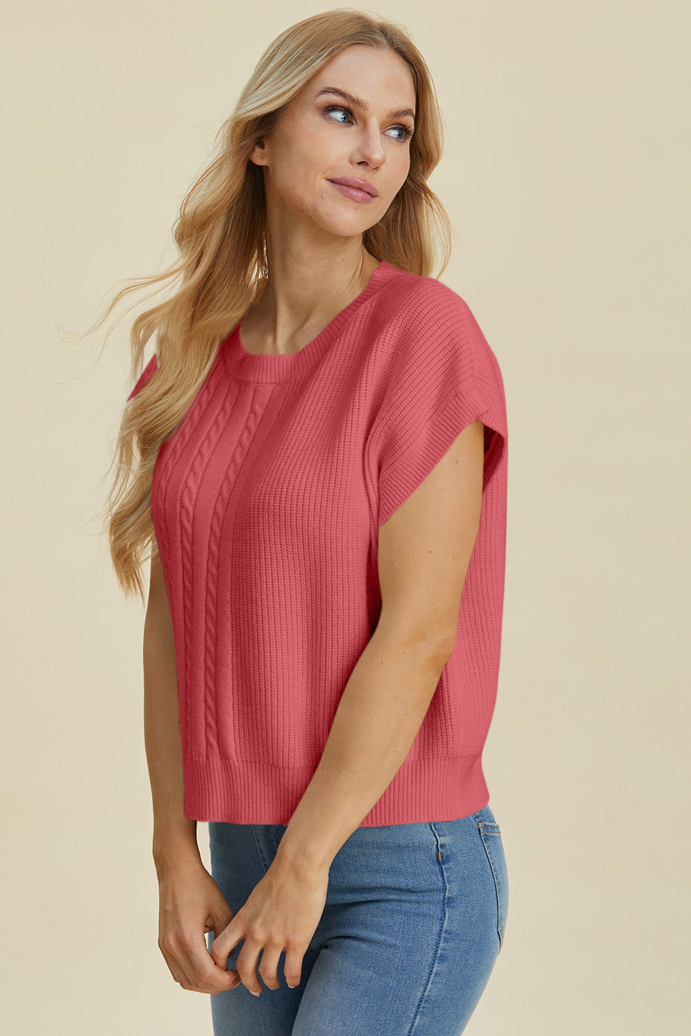 Double Take Full Size Cable-Knit Round Neck Short Sleeve Sweater 