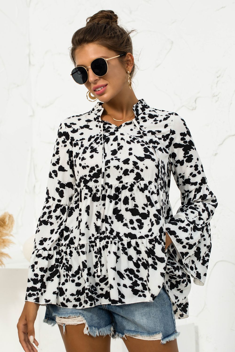 Printed Flare Sleeve Tie Neck Ruffle Trim Blouse 