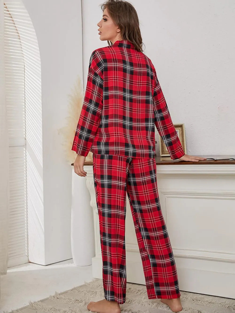 Plaid Collared Neck Long Sleeve Top and Pants Lounge Set Lingerie & Nightwear