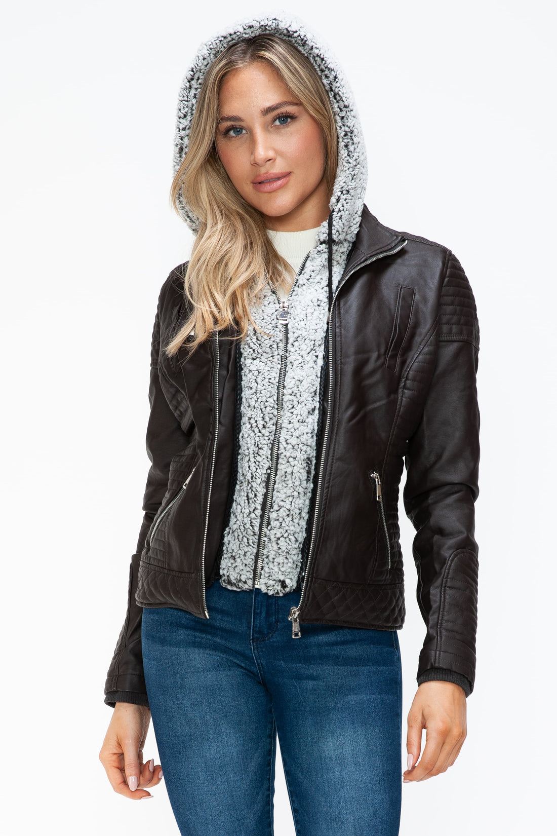 YMI Faux Layered Double-Zipper Jacket with Fuzzy Hood 