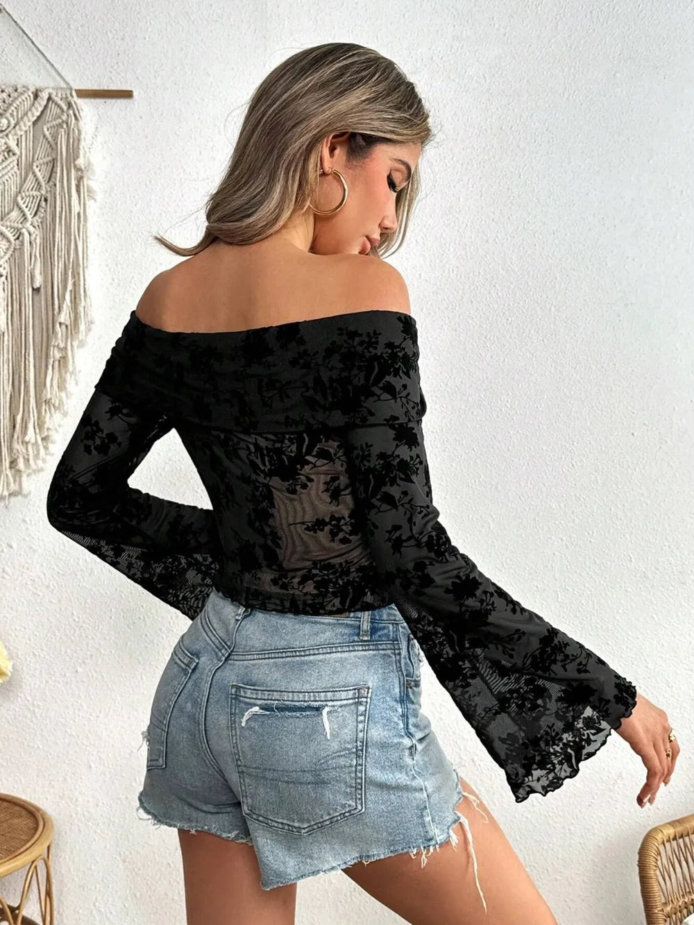 Off-Shoulder Flare Sleeve Lace Top 