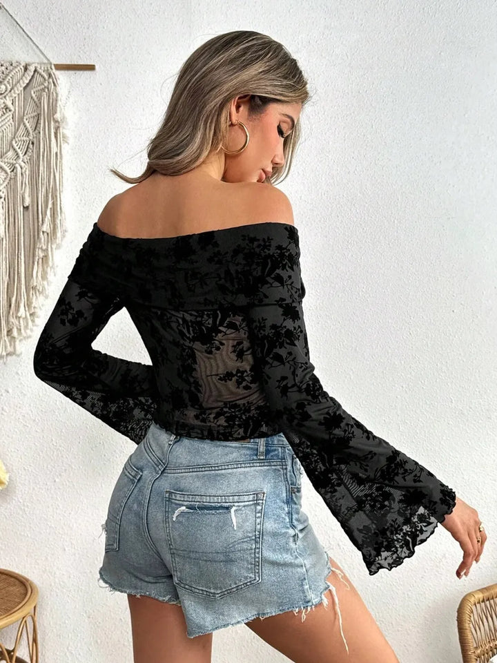 Off-Shoulder Flare Sleeve Lace Top 