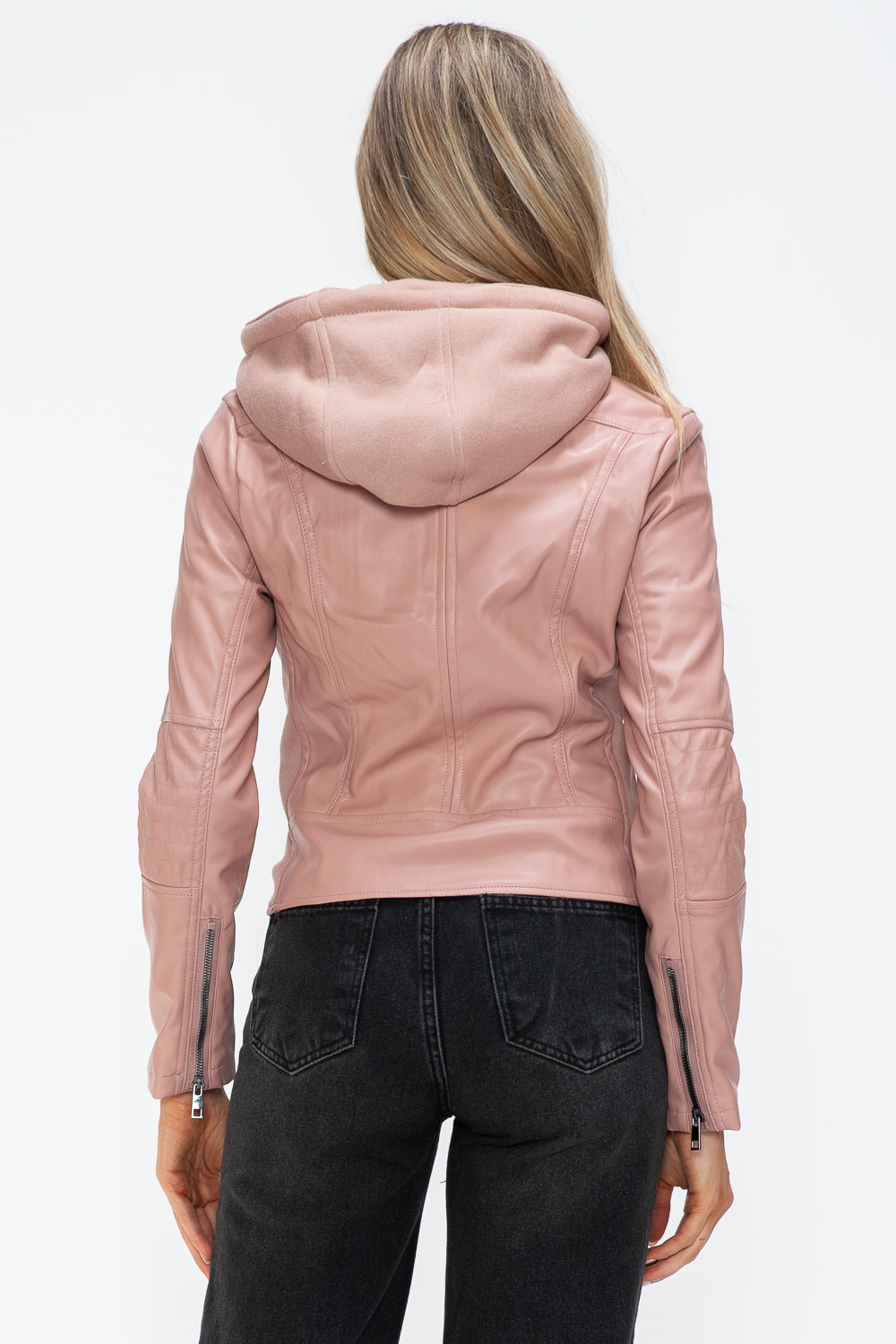 Snobbish Faux Leather Zip Up Drawstring Hooded Jacket 