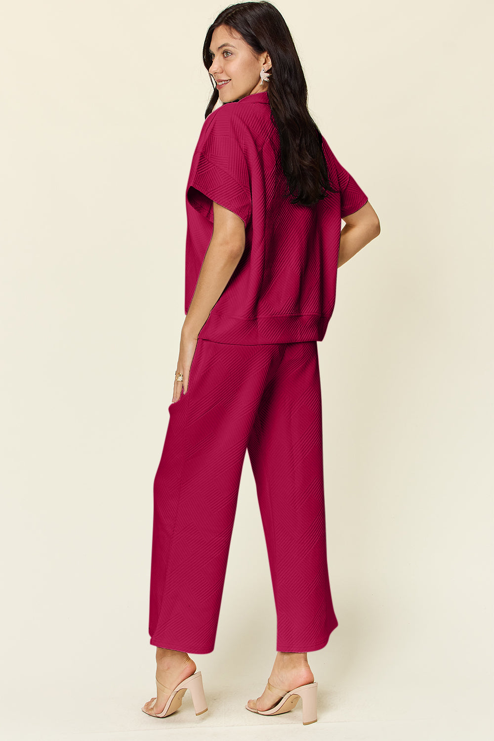 Double Take Full Size Texture Half Zip Short Sleeve Top and Pants Set 