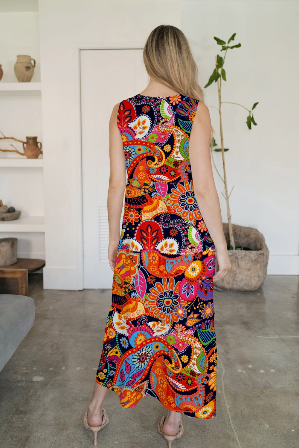 FAM-FAM Tiered Printed V-Neck Sleeveless Dress 