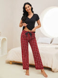 V-Neck Short Sleeve Top and Pants Lounge Set Lingerie & Nightwear