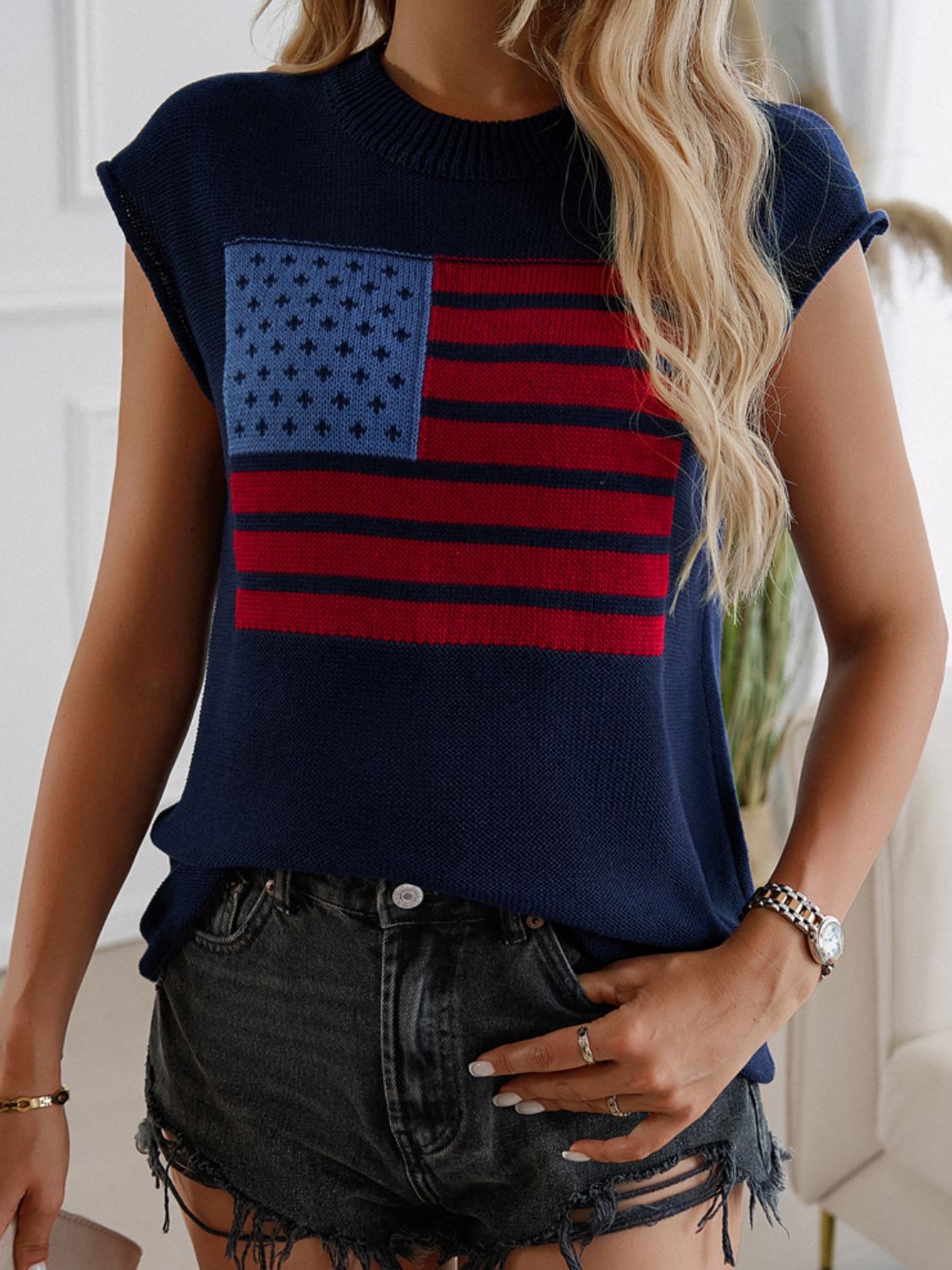 Devine US Flag Round Neck Sweater Vest 