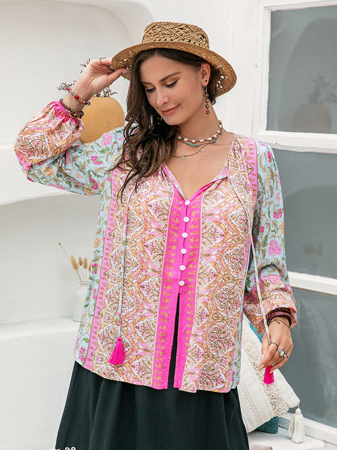 Plus Size Tie Neck Tassel Printed Blouse 