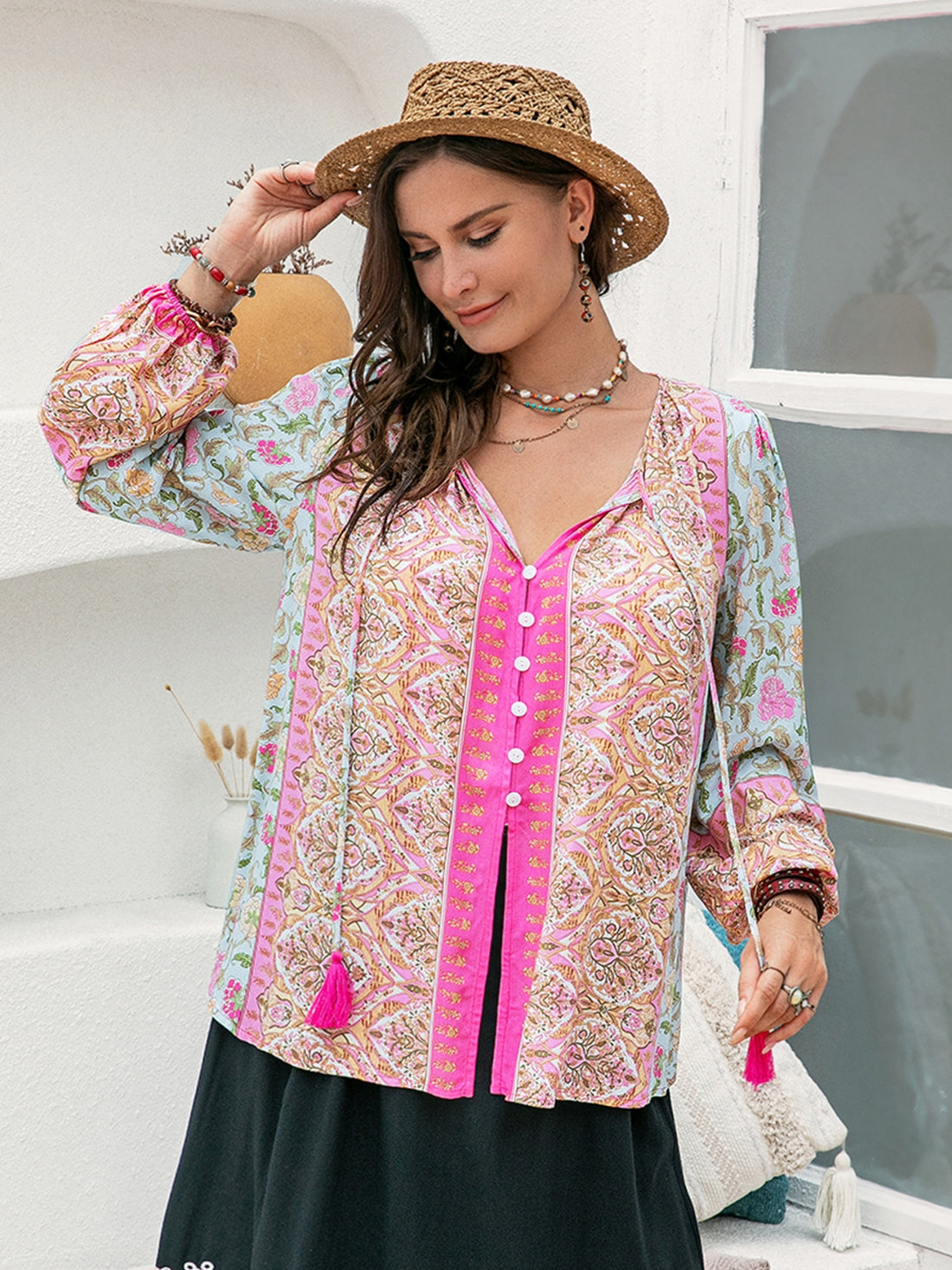 Plus Size Tie Neck Tassel Printed Blouse 