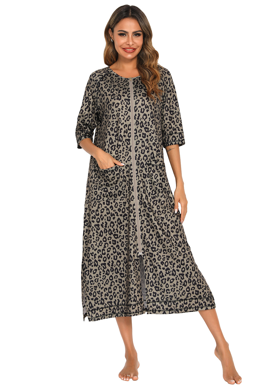 Printed Slit Night Dress with Pockets 