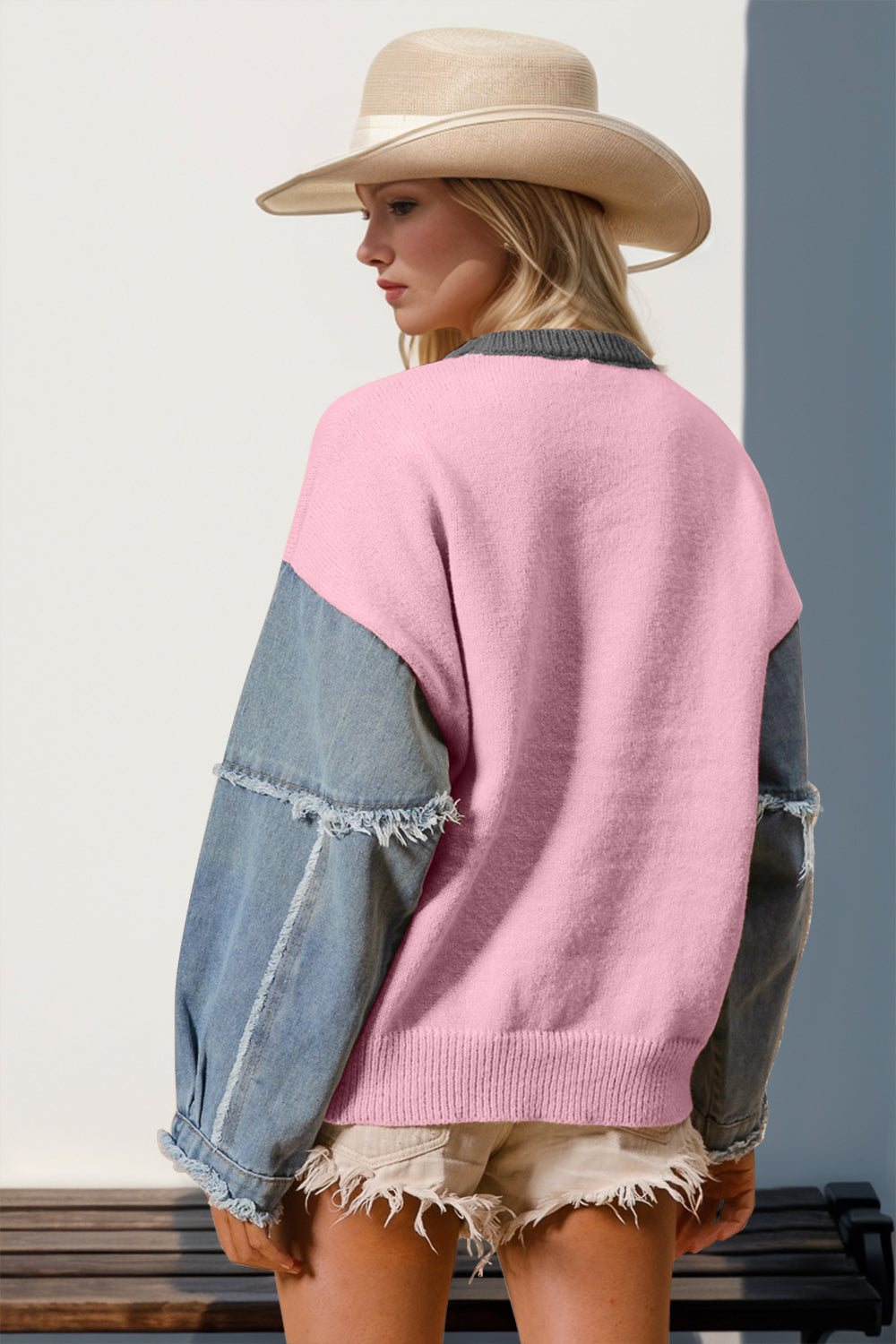 Double Take Full Size Star Pattern Raw Edge Long Sleeve Sweater 