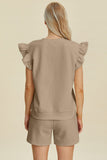 Double Take Full Size Texture Round Neck Ruffle Sleeve Top and Shorts Set 