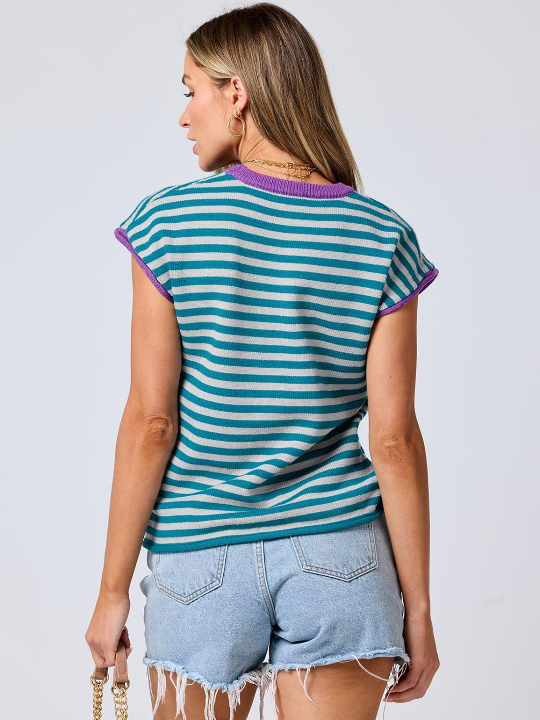 Mandy Contrast Round Neck Cap Sleeve Sweater 