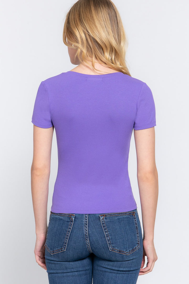 ACTIVE BASIC V-Neck Ribbed Short Sleeve Knit T-Shirt 