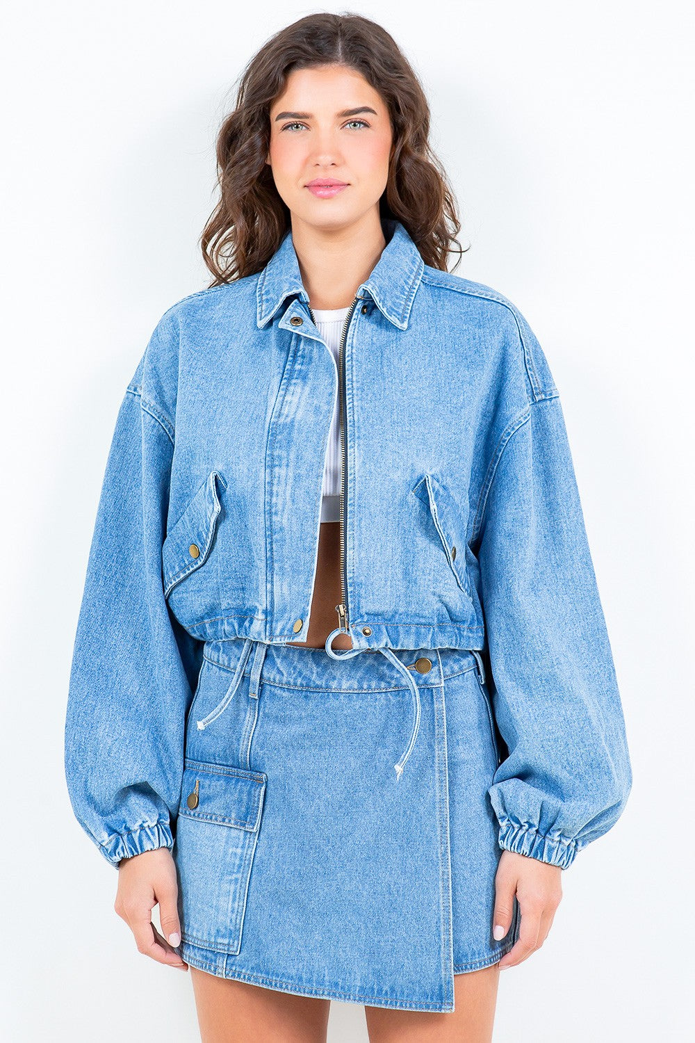American Bazi Drawstring Waist Crop Denim Jacket 