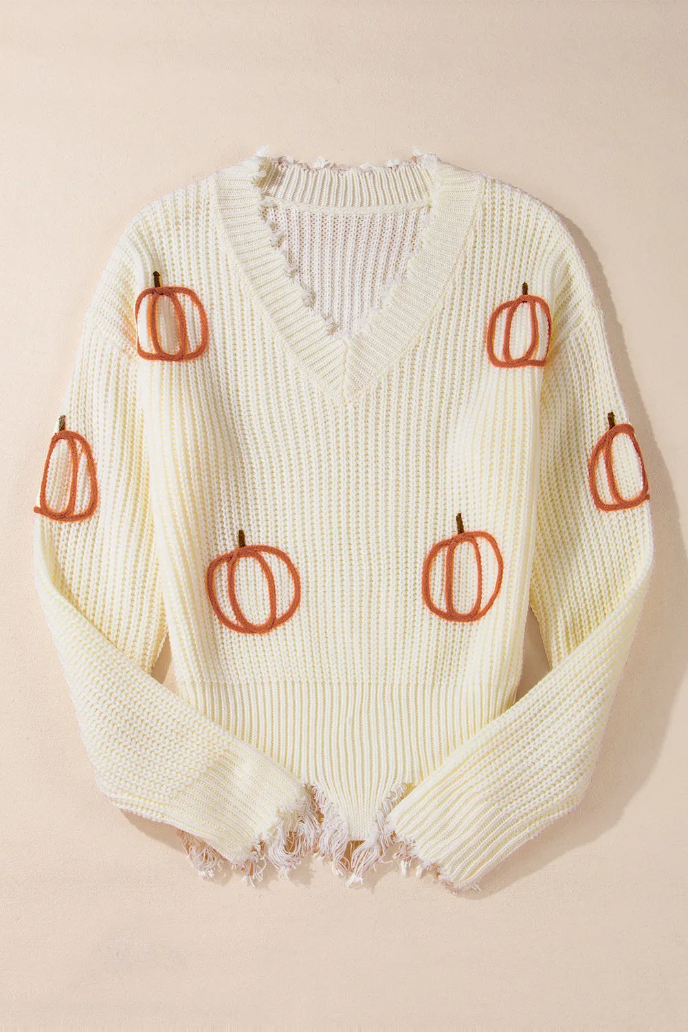 Raw Hem Pumpkin V-Neck Long Sleeve Sweater 