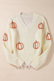 Raw Hem Pumpkin V-Neck Long Sleeve Sweater 
