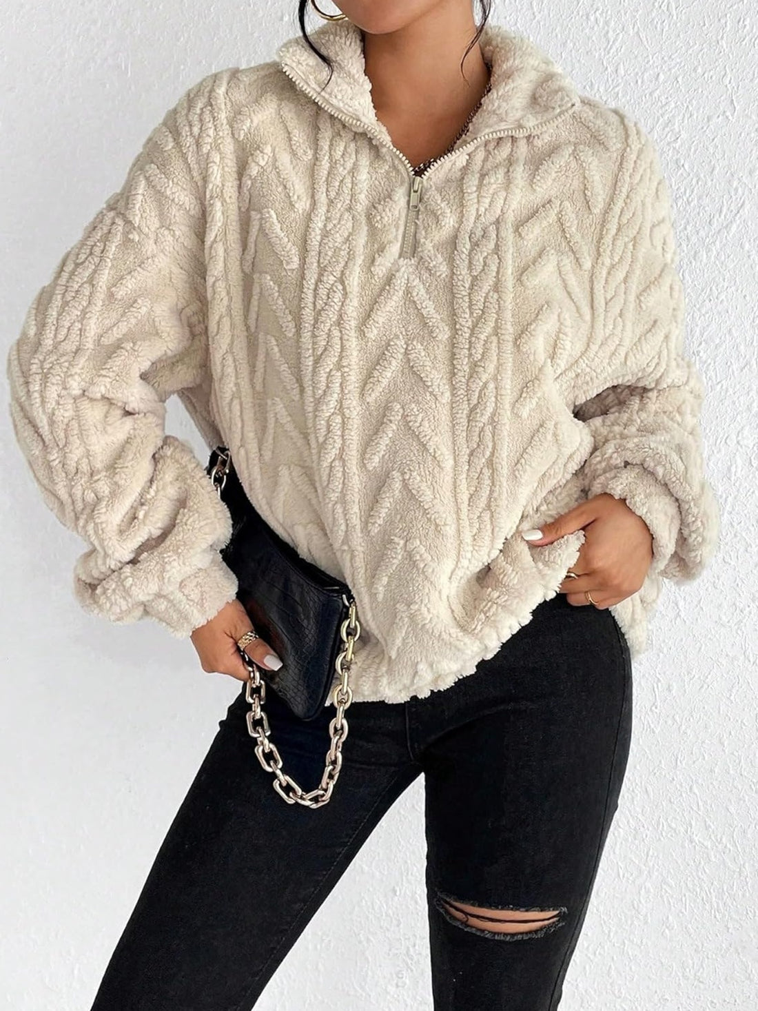 Fuzzy Quarter Zip Long Sleeve Sweatshirt 
