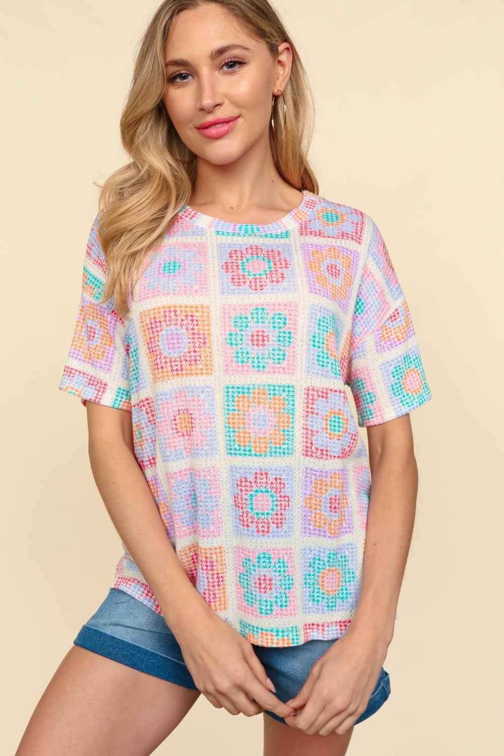 Haptics Flower Print Round Neck Short Sleeve T-Shirt 