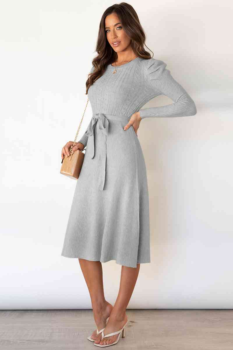 Round Neck Long Sleeve Tie Waist Sweater Dress Dresses