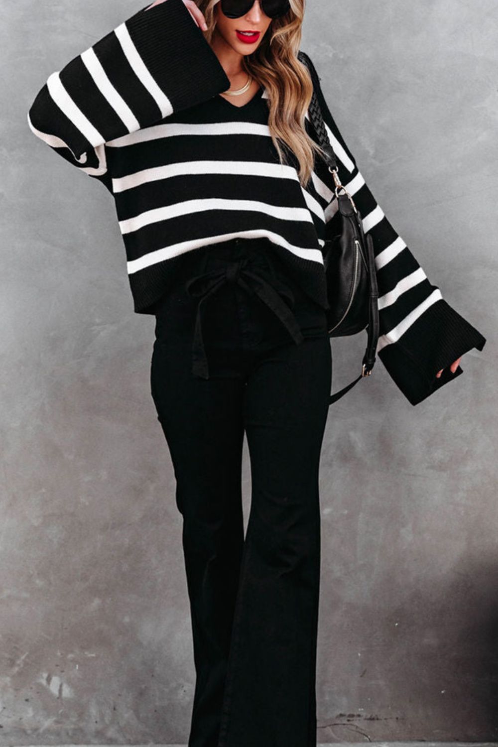 Striped Johnny Collar Long Sleeve Sweater 