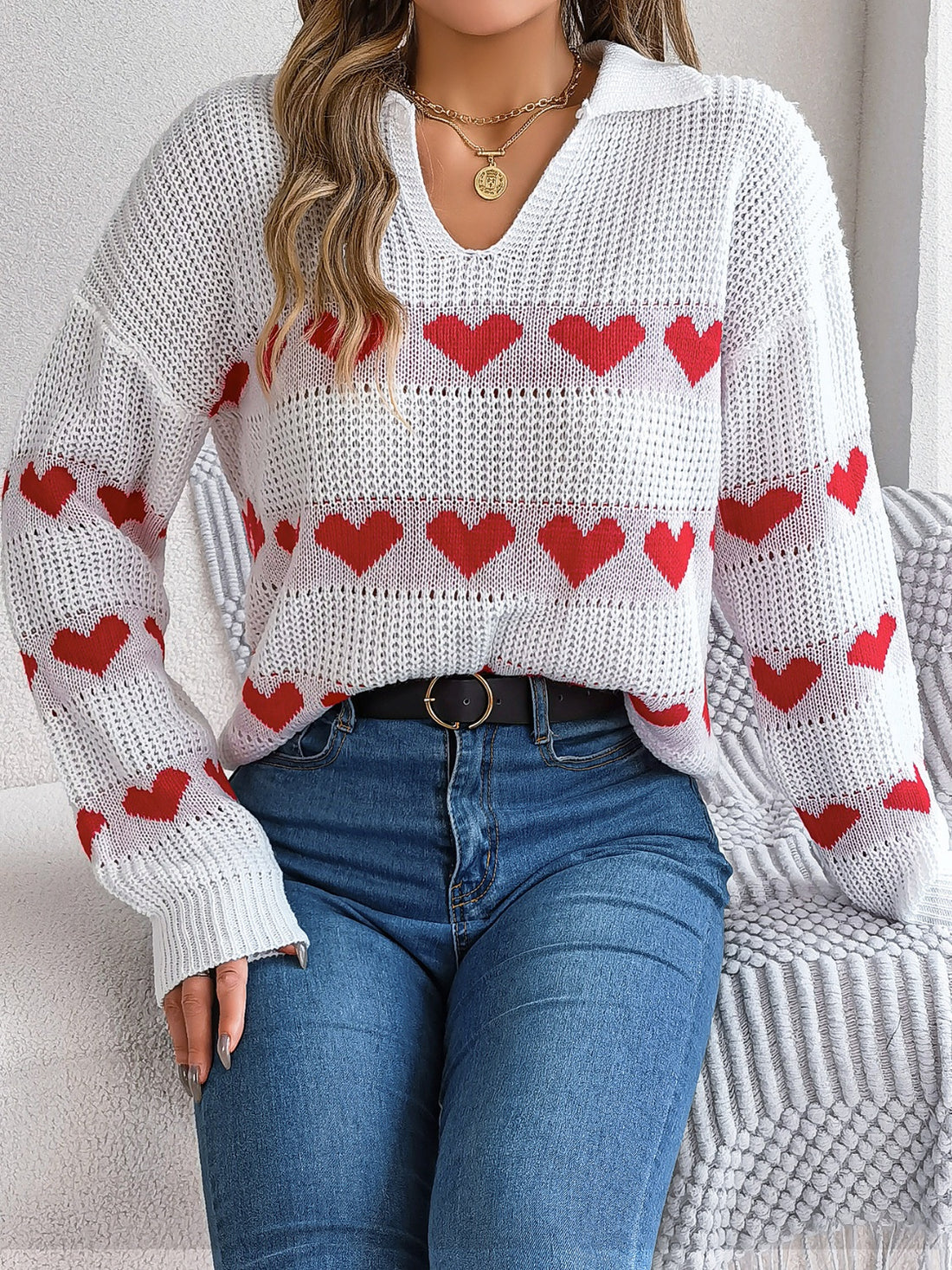 Heart Johnny Collar Long Sleeve Sweater 